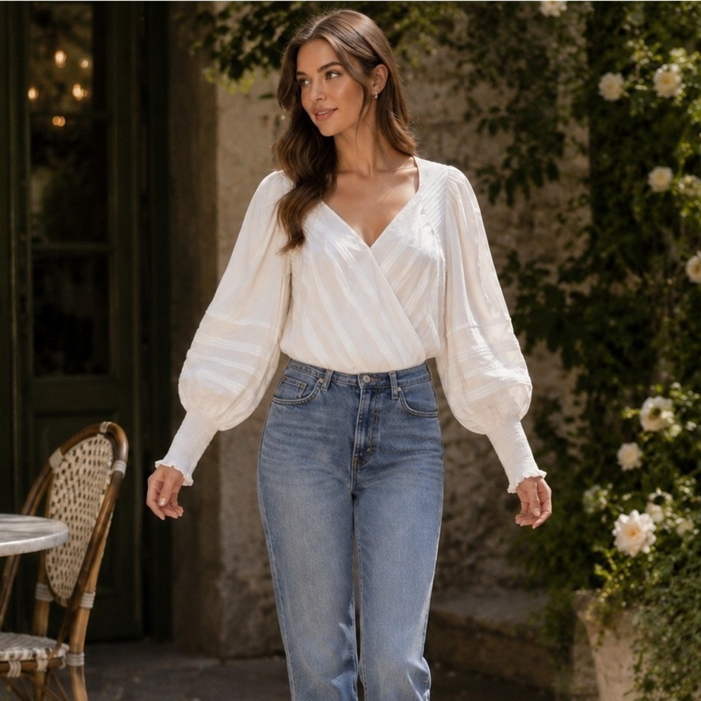 Mustard Seed S20783 White Pintuck Puff Sleeve Lace Bodysuit Womens S Boho Chic